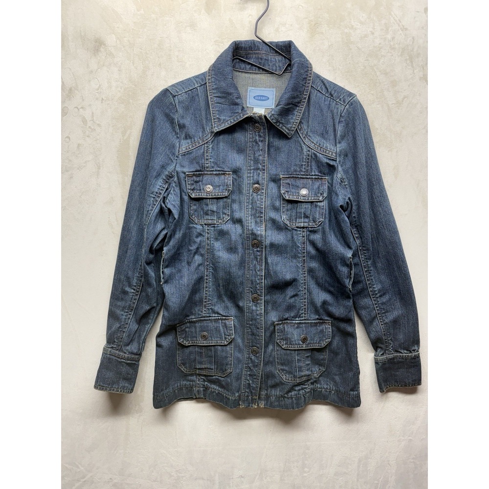 VTG Old Navy Jacket Womens Small Denim Chore Coat Y2K Dark Wash Long Sleeve